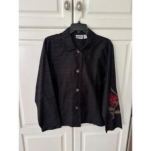Chicos Design Black Silk Embroidered Floral Button Front Shirt Jacket Top Size 1